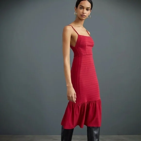 ANTHROPOLOGIE Hutch Square Neck Slim Midi Dress In Cranberry Size L -NWT - Picture 2 of 10